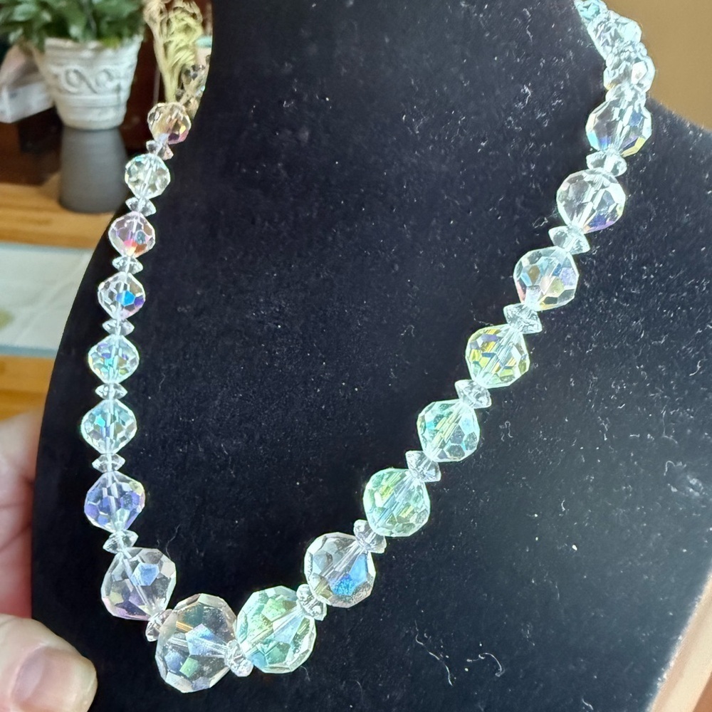 Vintage Aurora Borealis Crystal Necklace 15” + 2” Extender - Picture 3 of 5